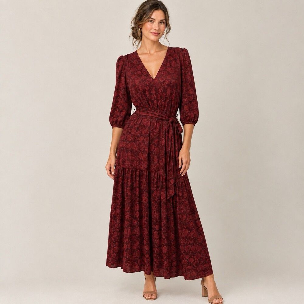 Banana Republic Floral Midi Dress L Tiered 3/4 Sleeve Dark Romantic Whimsigoth